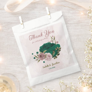 Bolsa De Papel boda flores rosadas verde esmeralda