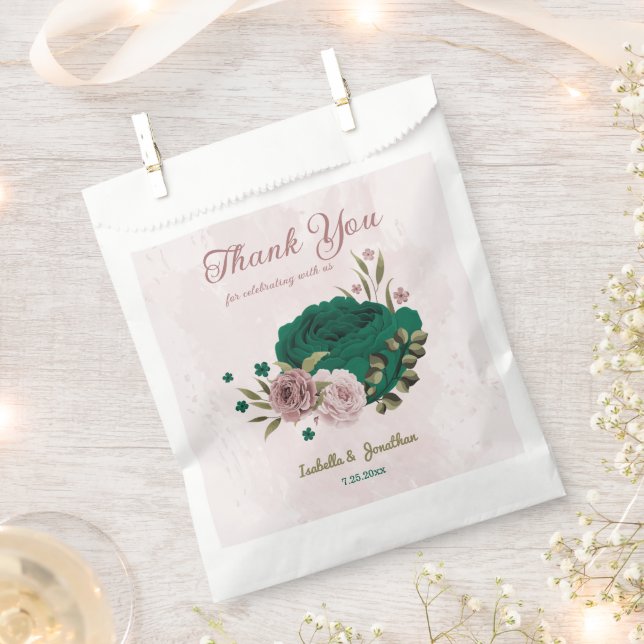 Bolsa De Papel boda flores rosadas verde esmeralda  (Cortado)