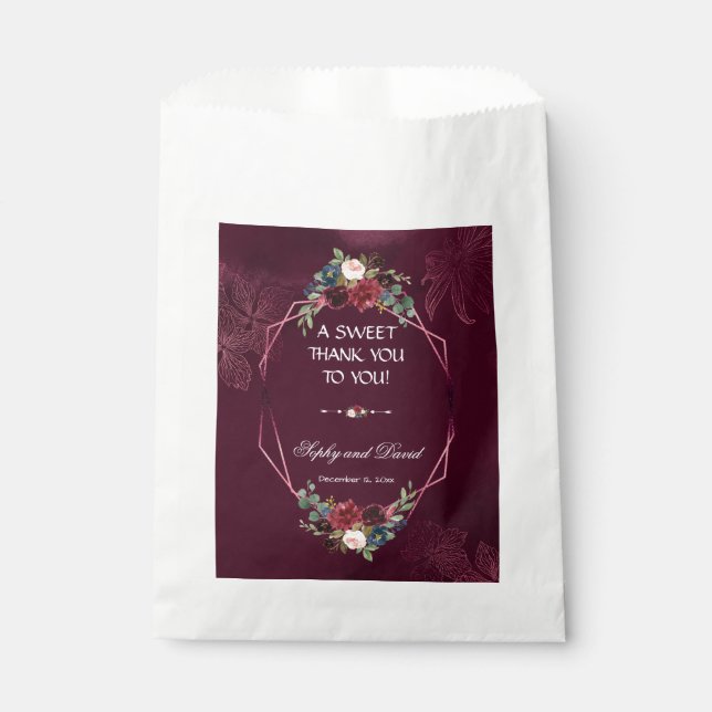 Bolsa De Papel Boda Geométrico Floral Real de Borgoña GRACIAS (Anverso)