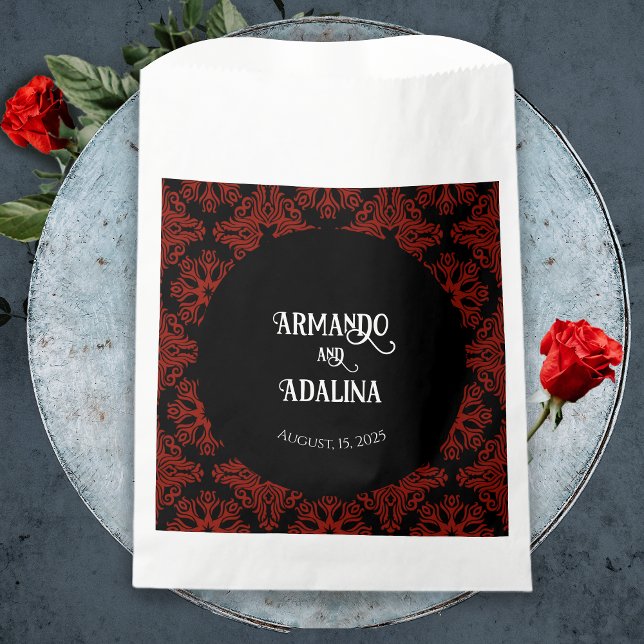 Bolsa De Papel Boda gótica gótica floral negra y roja elegante (Black and Red Floral Gothic Dark Elegant Wedding Favor Bag)