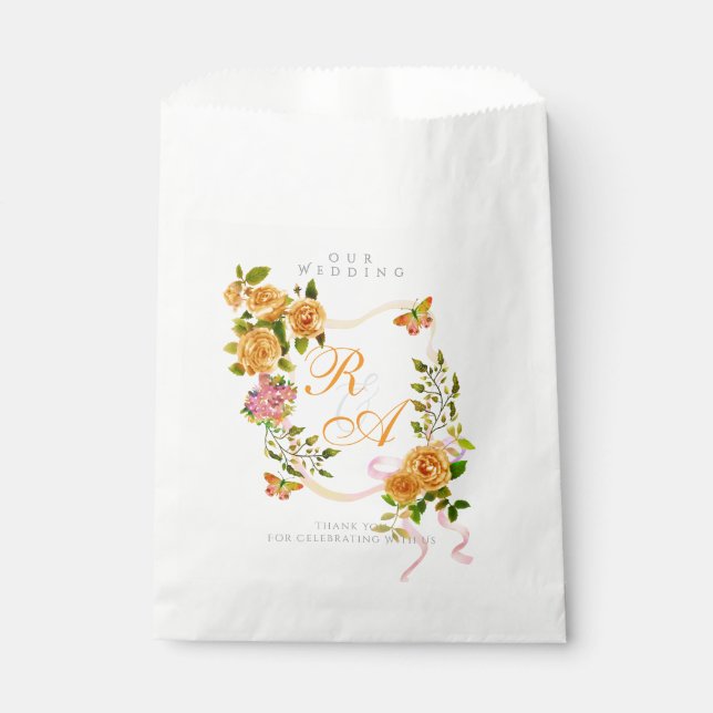 Bolsa De Papel Boda monograma de cinta dorada (Anverso)