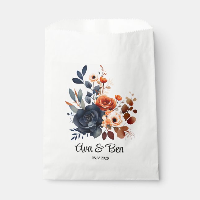 Bolsa De Papel Boda Navy Blue y Naranja Peony (Anverso)