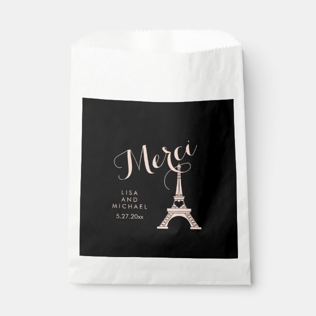 Bolsa De Papel Boda París negro y rosa con Torre Eiffel (Anverso)