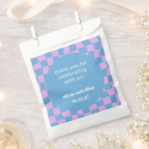 Bolsa De Papel Boda Retro Moderna Cuadrícula Azul Rosa Personaliz