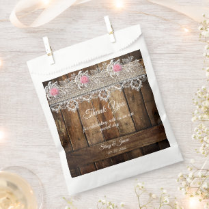 Bolsa De Papel Boda Rústica de Madera de Granero, Encaje y Rosas