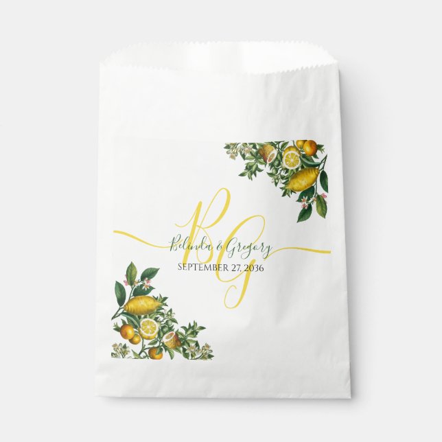 Bolsa De Papel Boda Rústico de Limón Amarillo y Vegetación Foliag (Anverso)