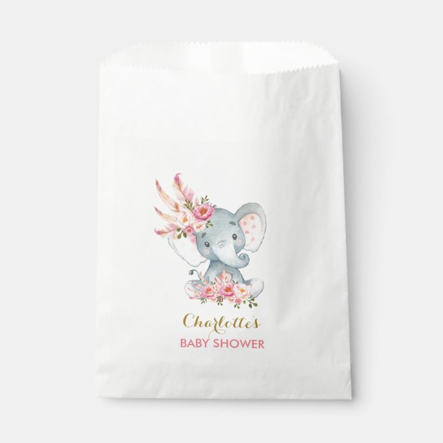 Bolsa De Papel Boho Elephant Bohemian Pink Floral Baby Shower (Anverso)