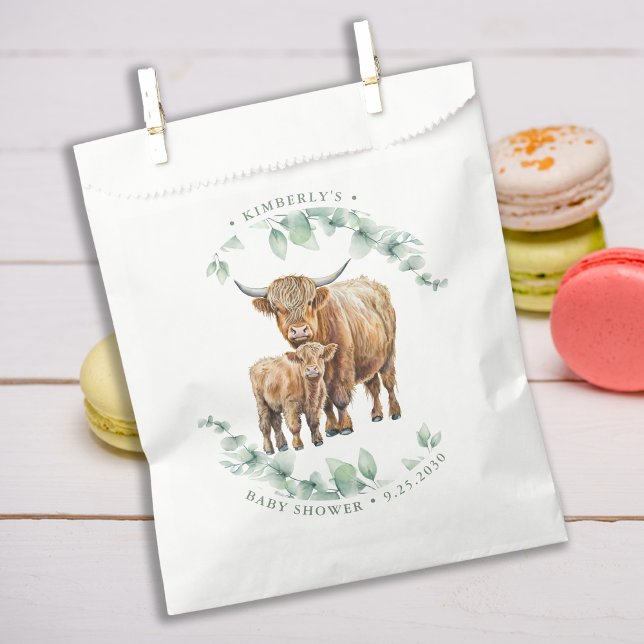 Bolsa De Papel Boho Highland Cow Green Farm Animal Baby Shower (Subido por el creador)