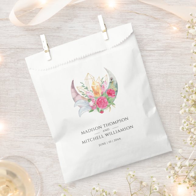 Bolsa De Papel Boho Moon Crystals Feathers Pink Flowers Boda (Cortado)