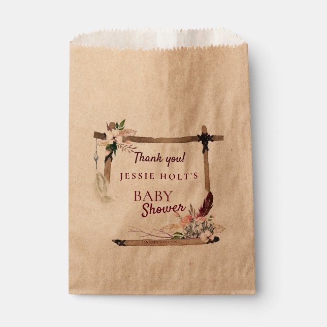 Bolsa De Papel Boho Southwestern Burgundy Baby Shower (Anverso)