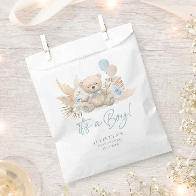 Bolsa De Papel Boho Teddy Bear Boy Blue Bearly Wait Baby Shower (Cortado)