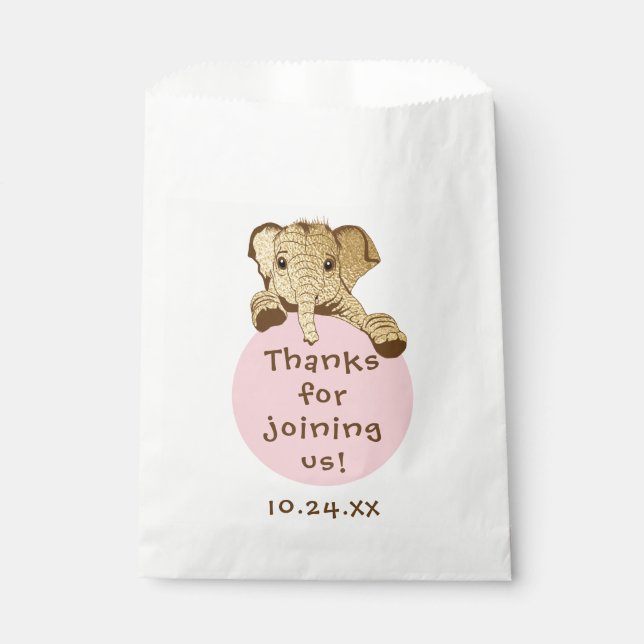 Bolsa De Papel Bolsa Baby Shower Favor, Elefante Oro Rosa (Anverso)