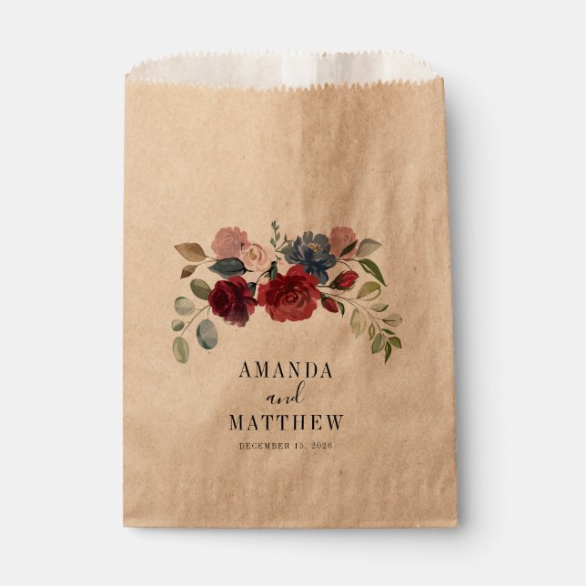 Bolsa De Papel Bolsa de Favor de Boda Rústica Floral Borgoña (Anverso)