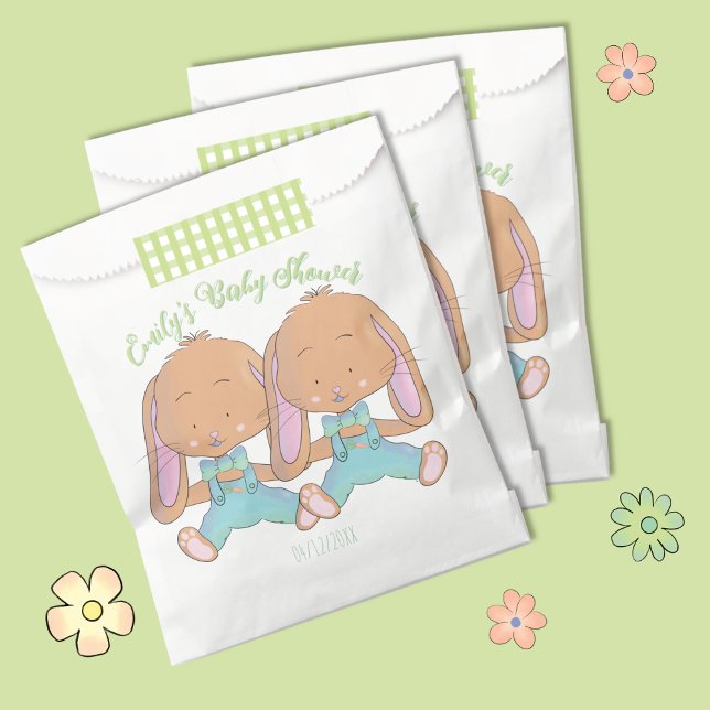 Bolsa De Papel Bolsas Baby Shower Favorito de los gemelos (Cute twin bunnies spring baby shower favor bags .)