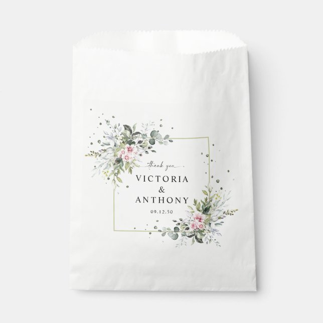 Bolsa De Papel Bolsas de favoritas de bodas rosas de Rubor verde (Anverso)