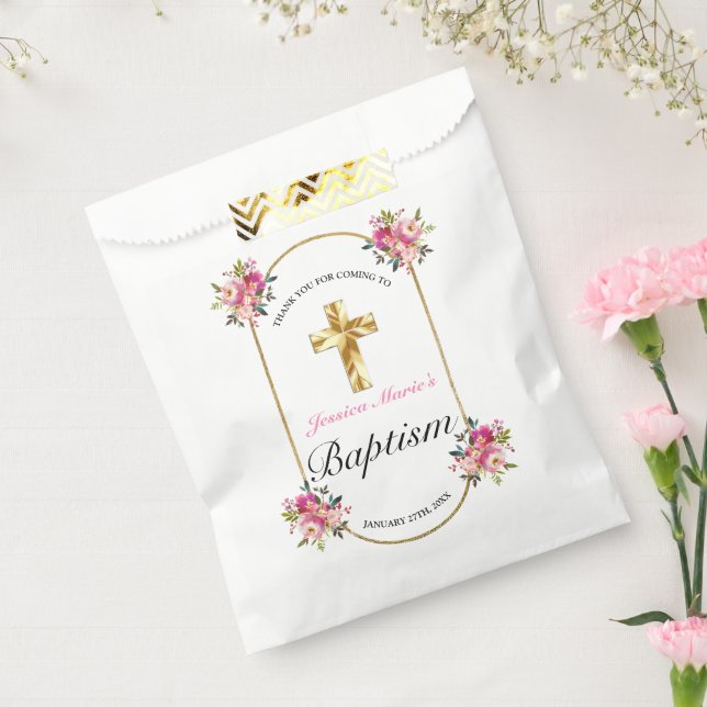 Bolsa De Papel Bonito PInk Floral Gold Cross Baptism (Sellado)
