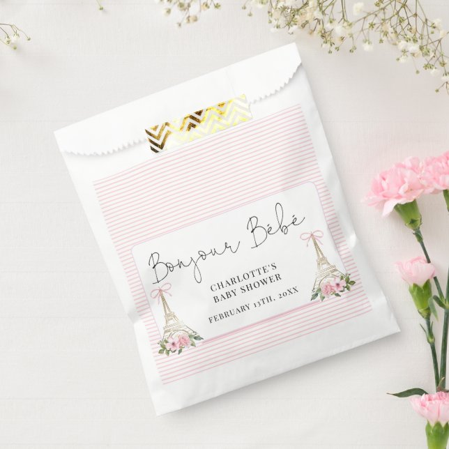 Bolsa De Papel Bonjour Bebe Paris Baby Shower Rosa Francés Eiffel (Sellado)