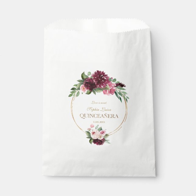 Bolsa De Papel Borgoña Rubor Floral Gold Mis Quince Quinceañera (Anverso)