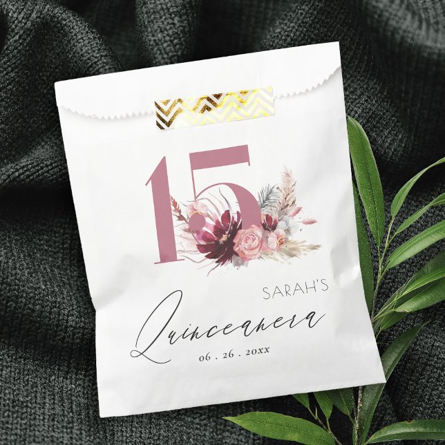 Bolsa De Papel Borgoña Rubor Floral Pampas Grass Quinceanera (Subido por el creador)