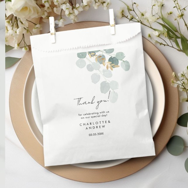 Bolsa De Papel Botánico, elegante, letra a mano (Botanical, elegant, handwriting wedding, favor bag with your names, date and text.)