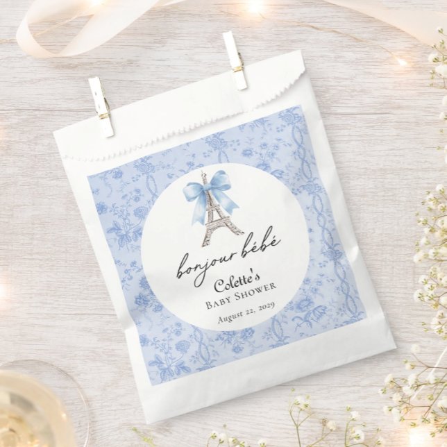 Bolsa De Papel Boujour Bebe Paris French Toile Blue Baby Shower (Subido por el creador)