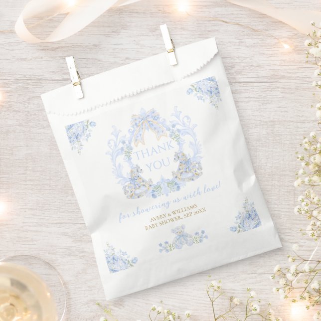 Bolsa De Papel Bow Floral Escudo Rustic Blue Boy Baby Shower (Cortado)