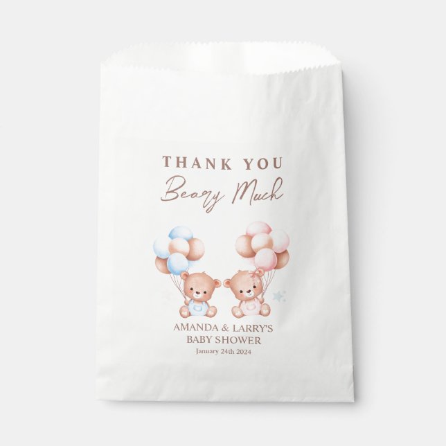 Bolsa De Papel Boy Chica Twins Teddy Bear Baby Shower (Anverso)