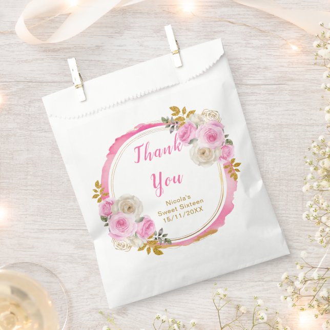Bolsa De Papel Bright Pink and Gold Elegant Flowers Sweet Sixteen (Cortado)