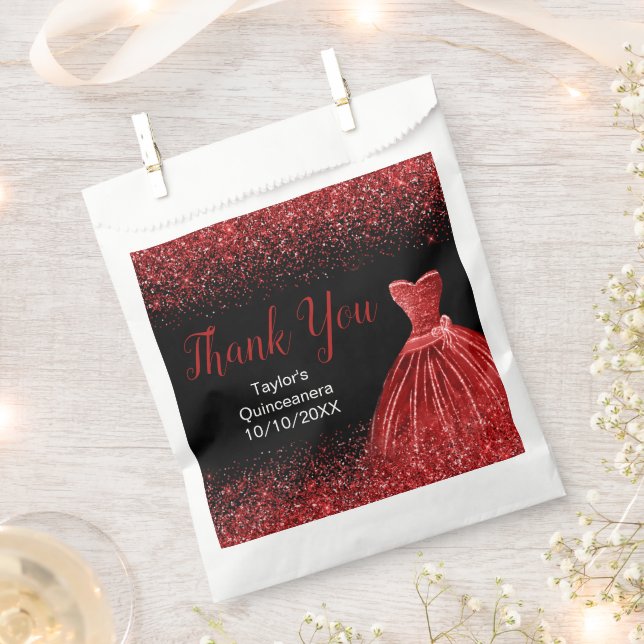 Bolsa De Papel Bright Red Dress Faux Glitter Quinceanera (Cortado)