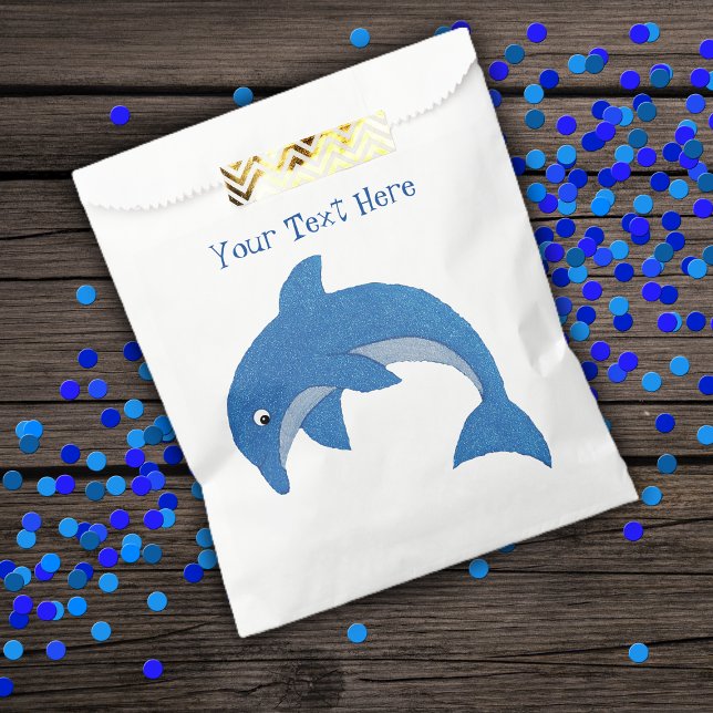Bolsa De Papel Brillante Esparkle Azul Salto Delfín Cumpleaños (Bright blue sparkle like ocean dolphin in jumping position on kids party favor bags.)