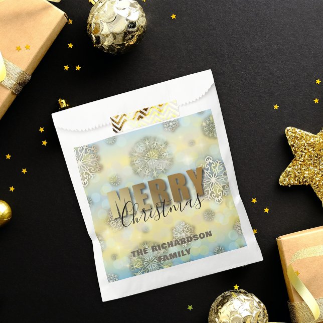 Bolsa De Papel Brillante Filigree Snowflakes Gold Feliz Navidad (Subido por el creador)