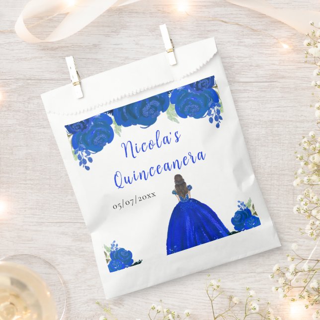 Bolsa De Papel Brown Hair Princess Blue Floral Quinceanera (Cortado)