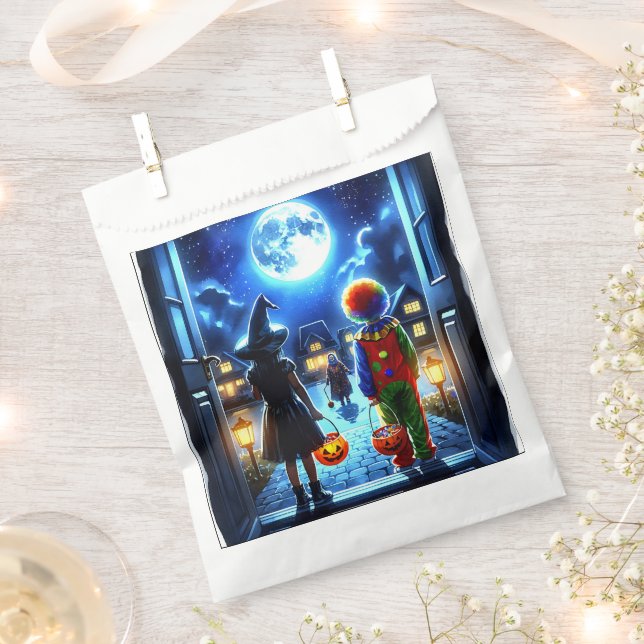 Bolsa De Papel Bruja y payaso mirando un Monster Halloween (Cortado)