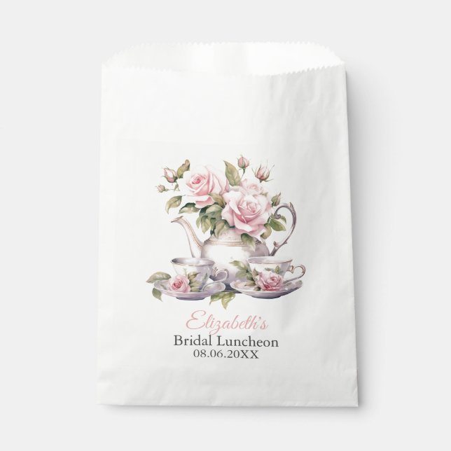 Bolsa De Papel Brunch de té de almuerzo de novia con rosas rosada (Anverso)