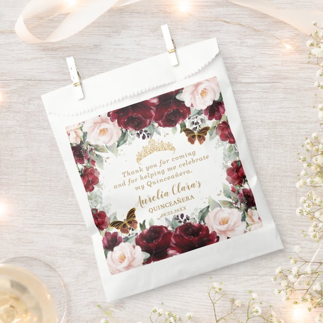 Bolsa De Papel Burgundy Blush Floral Quinceanera Sweet 16  (Cortado)