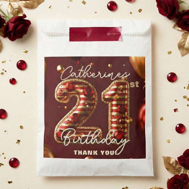 Bolsa De Papel Burgundy Red Gold Balloons Gemstones 21st Birthday (Subido por el creador)