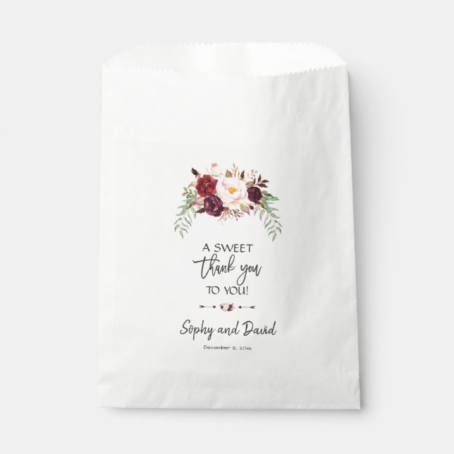 Bolsa De Papel Burgundy Red Marsala Floral Handwriting GRACIAS (Anverso)