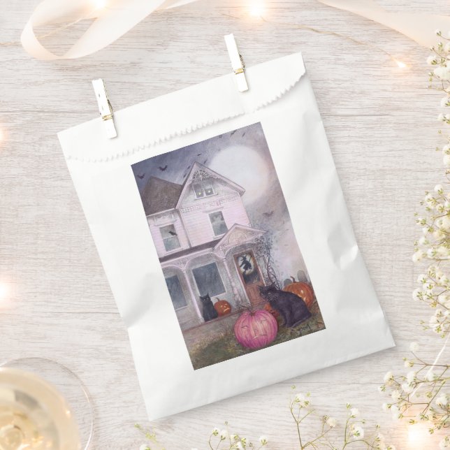 Bolsa De Papel Calabaza rosa de gato negro y Halloween en casa em (Cortado)