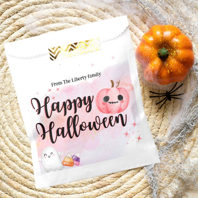 Bolsa De Papel Calabaza rosa suave acuarela niños truco o trato (Subido por el creador)