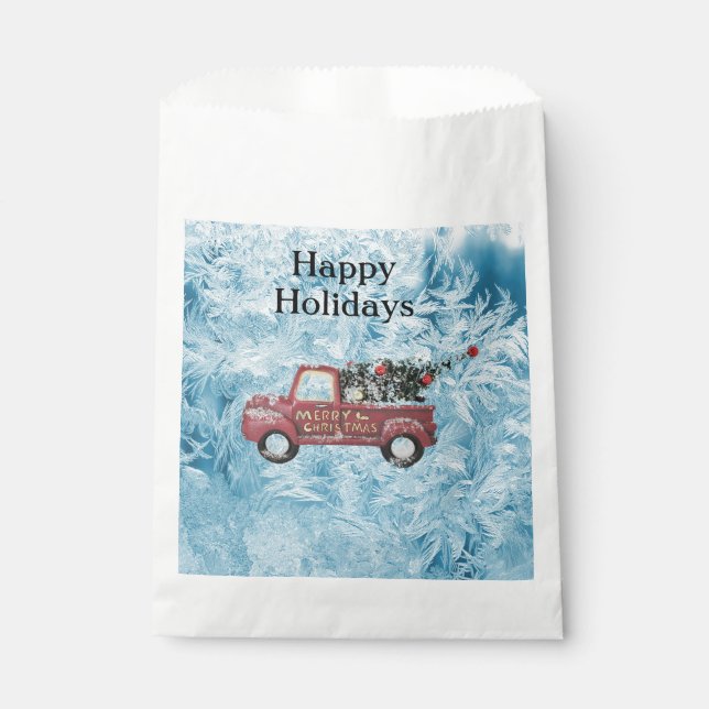 Bolsa De Papel camión de cosecha roja sobre fondo de copo de niev (Anverso)