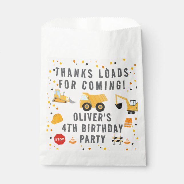 Bolsa De Papel Camiones de Construcción Fiesta de Cumpleaños (Anverso)