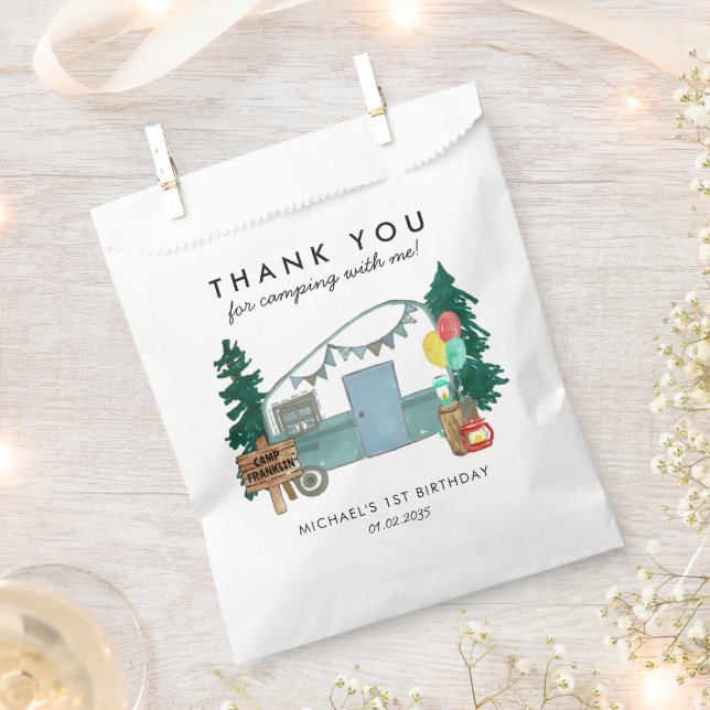 Bolsa De Papel Camper Van Trees Camping Feliz Primer Cumpleaños (Cortado)