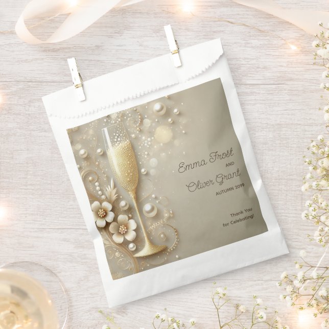 Bolsa De Papel Champagne & Pearl Elegante Ducha de Boda (Cortado)