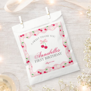 Bolsa De Papel Cherry Sweet Pink Coquette Bow Dessert de cumpleañ