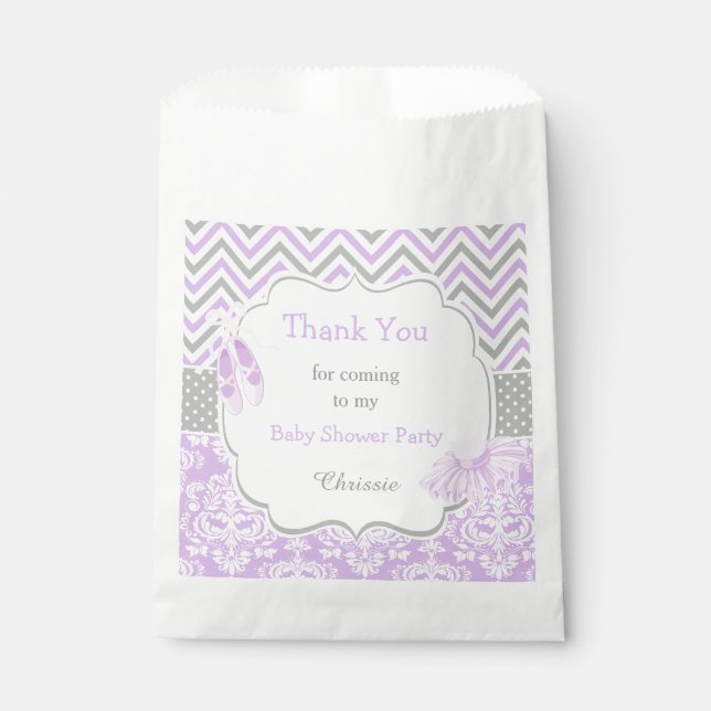 Bolsa De Papel Chevron Morado y Gris Ballerina Baby Shower (Anverso)
