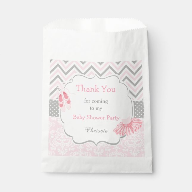 Bolsa De Papel Chevron Rosa y Gris Ballerina Baby Shower (Anverso)