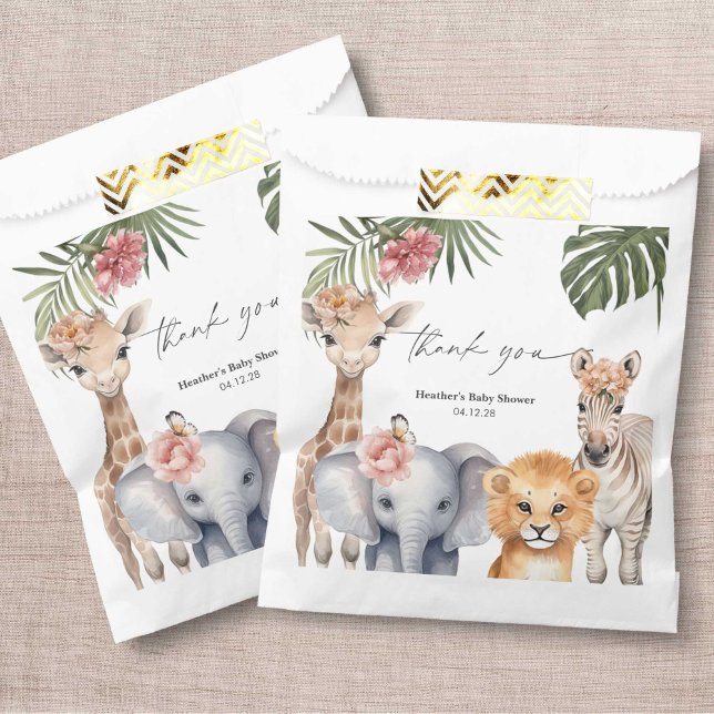 Bolsa De Papel Chica de animales salvajes de un Bonito Safari (Pretty Safari Animal, Baby Girl Shower favor bags.)