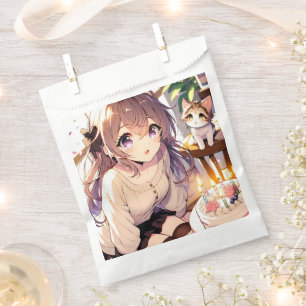 Bolsa De Papel Chica de anime bonito con torta de gatito y cumple
