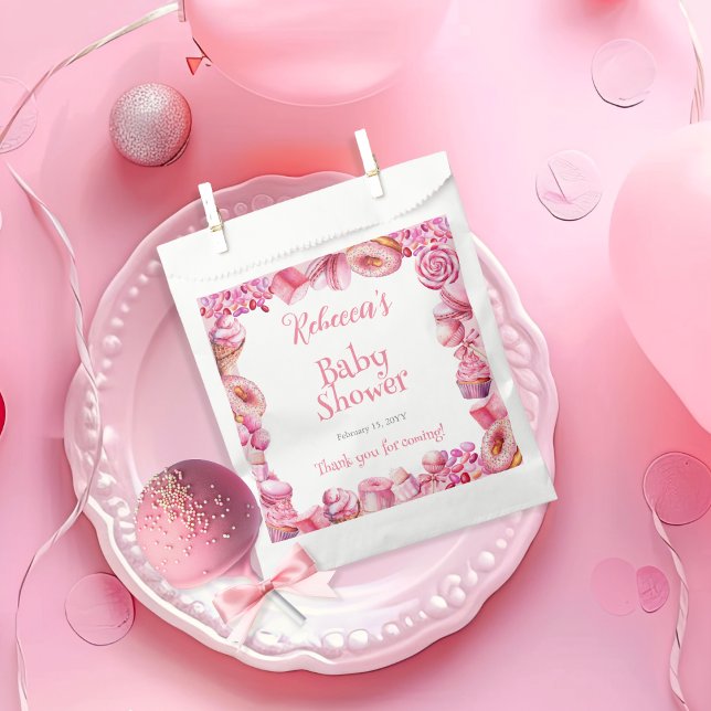 Bolsa De Papel Chica de Cuadro de Caramelo Rosa Baby Shower (Pink Candy Frame Girl Baby Shower Favor Bags)