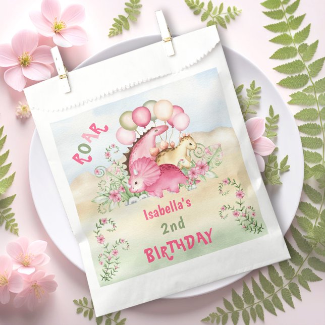 Bolsa De Papel Chica de Dinosaurios Pastel Rosa Cute Floral Segun (Dinosaur Girl Pink Pastel Cute Floral 2nd Birthday Favor Bag)